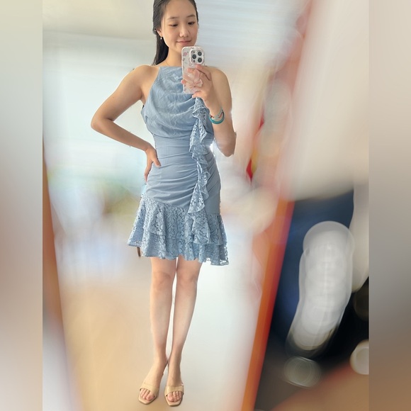 Keepsake Light Blue Lace Embellished Ruched Dress Size S - Picture 1 of 8